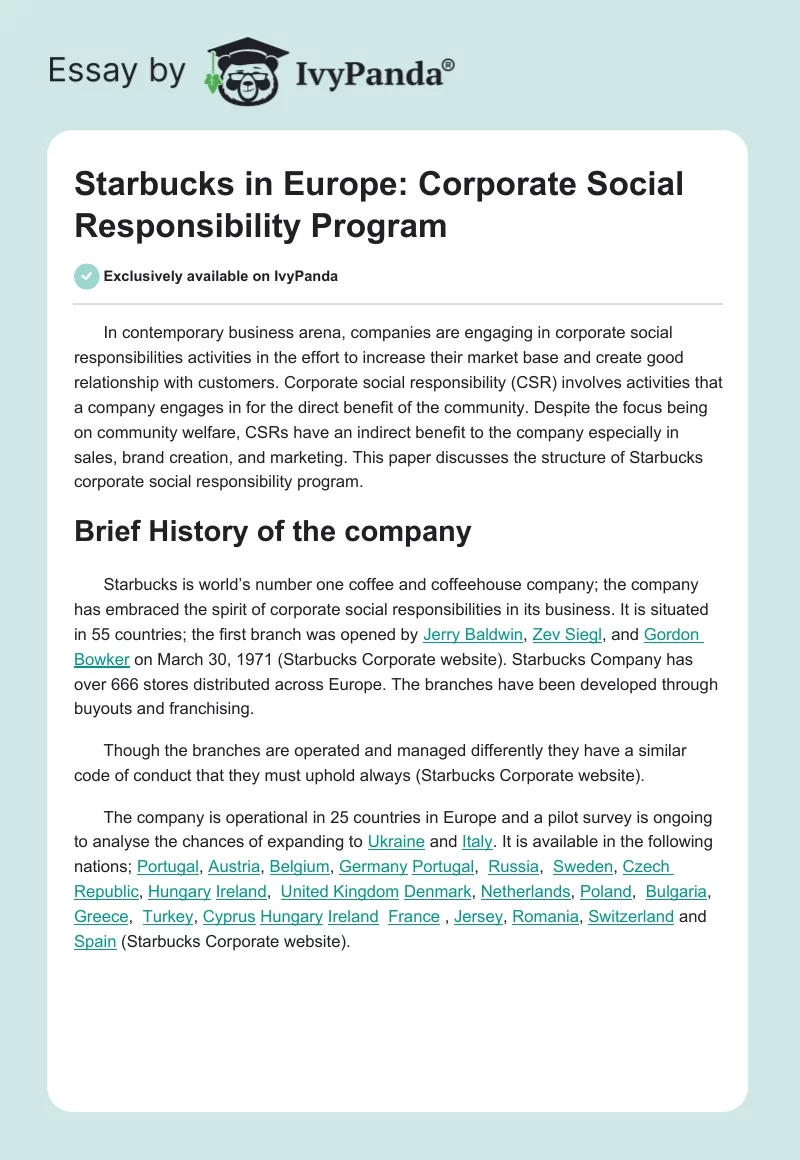 Starbucks in Europe: Corporate Social Responsibility Program. Page 1
