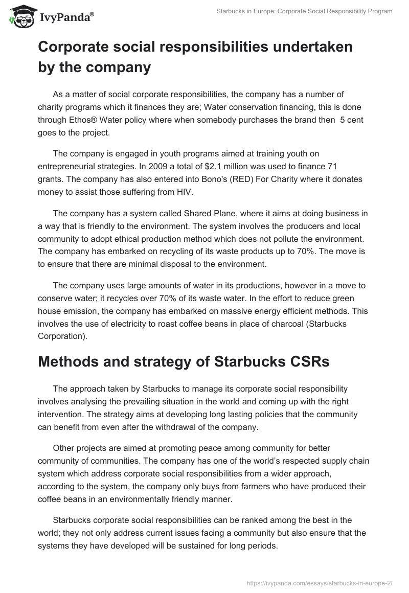 Starbucks in Europe: Corporate Social Responsibility Program. Page 2