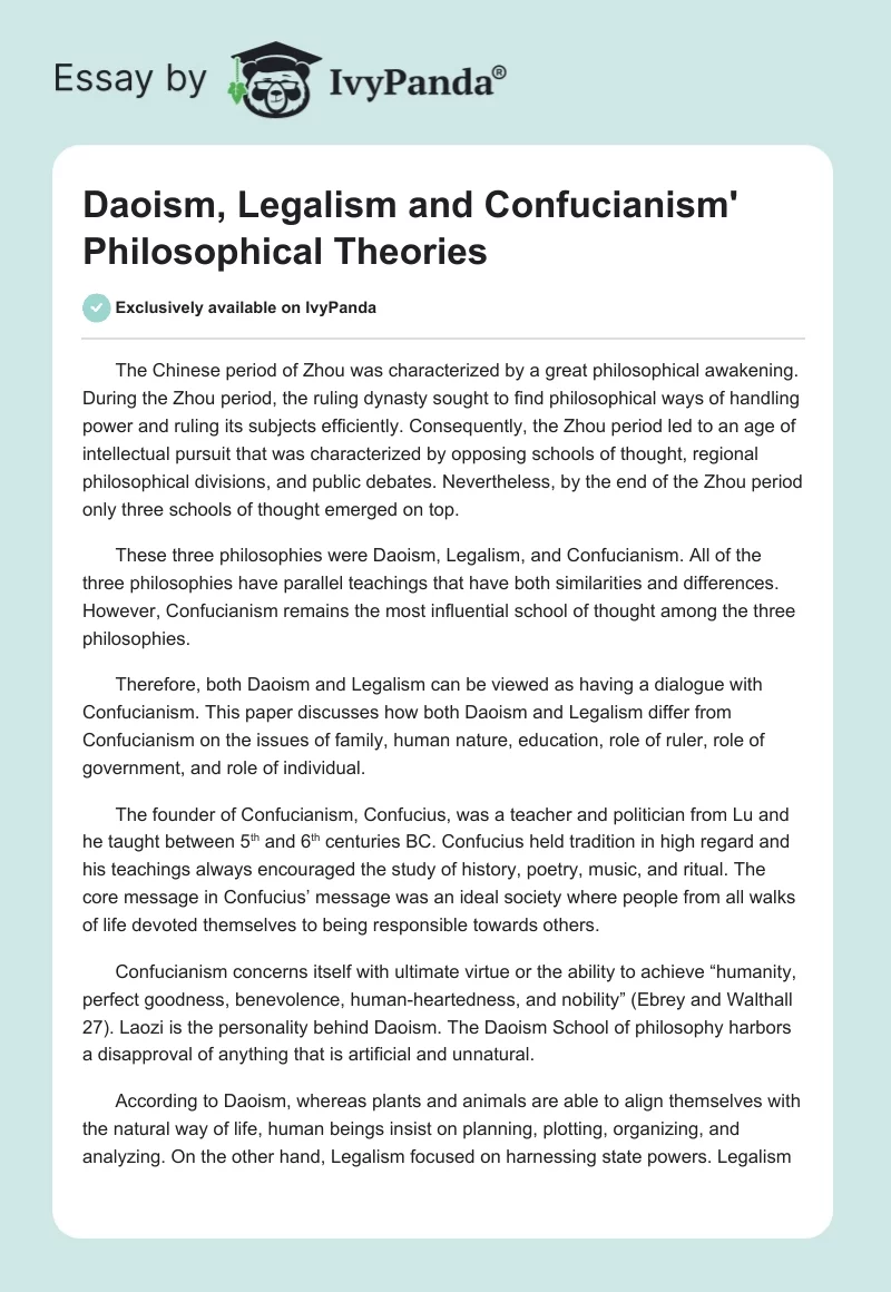 Daoism, Legalism and Confucianism' Philosophical Theories. Page 1
