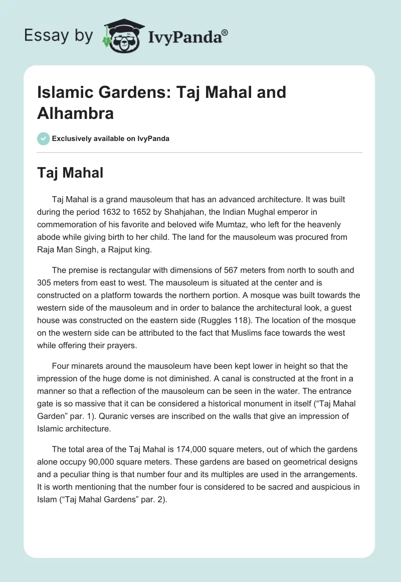 Islamic Gardens: Taj Mahal and Alhambra. Page 1