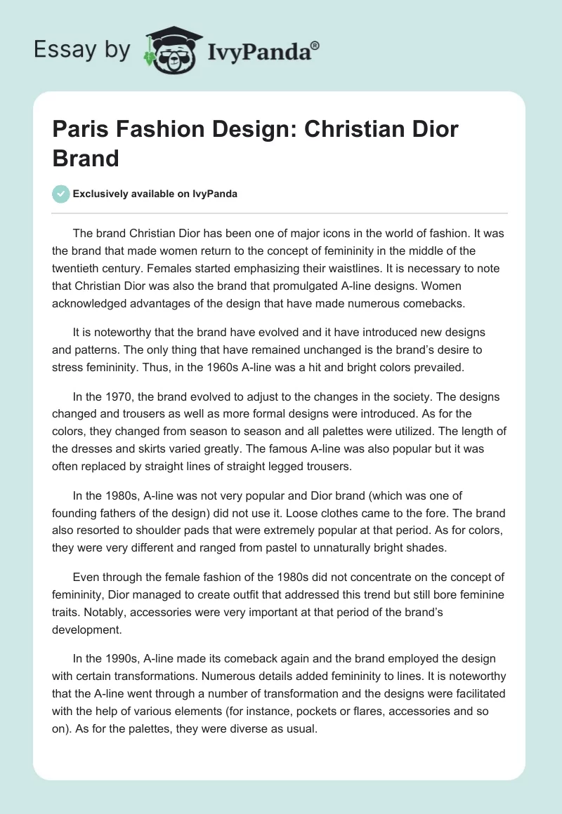 Paris Fashion Design: Christian Dior Brand. Page 1
