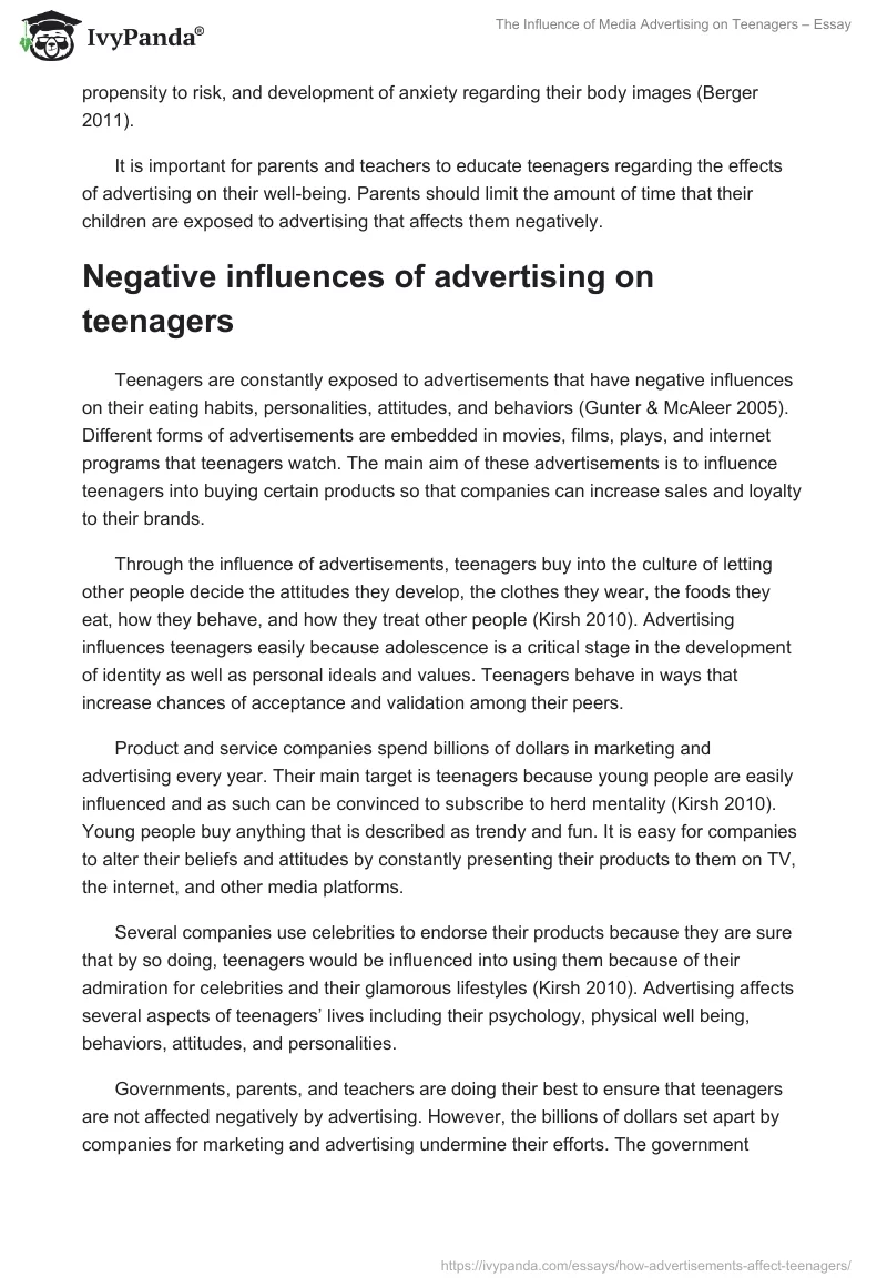 The Influence of Media Advertising on Teenagers – Essay. Page 2