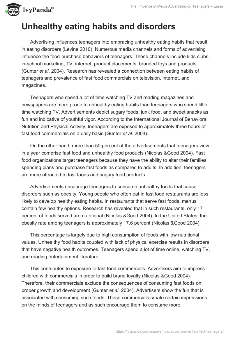 The Influence of Media Advertising on Teenagers – Essay. Page 5
