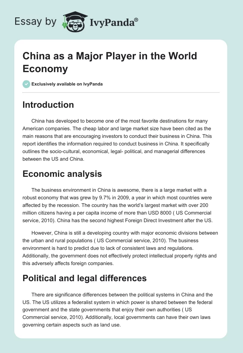 China as a Major Player in the World Economy. Page 1