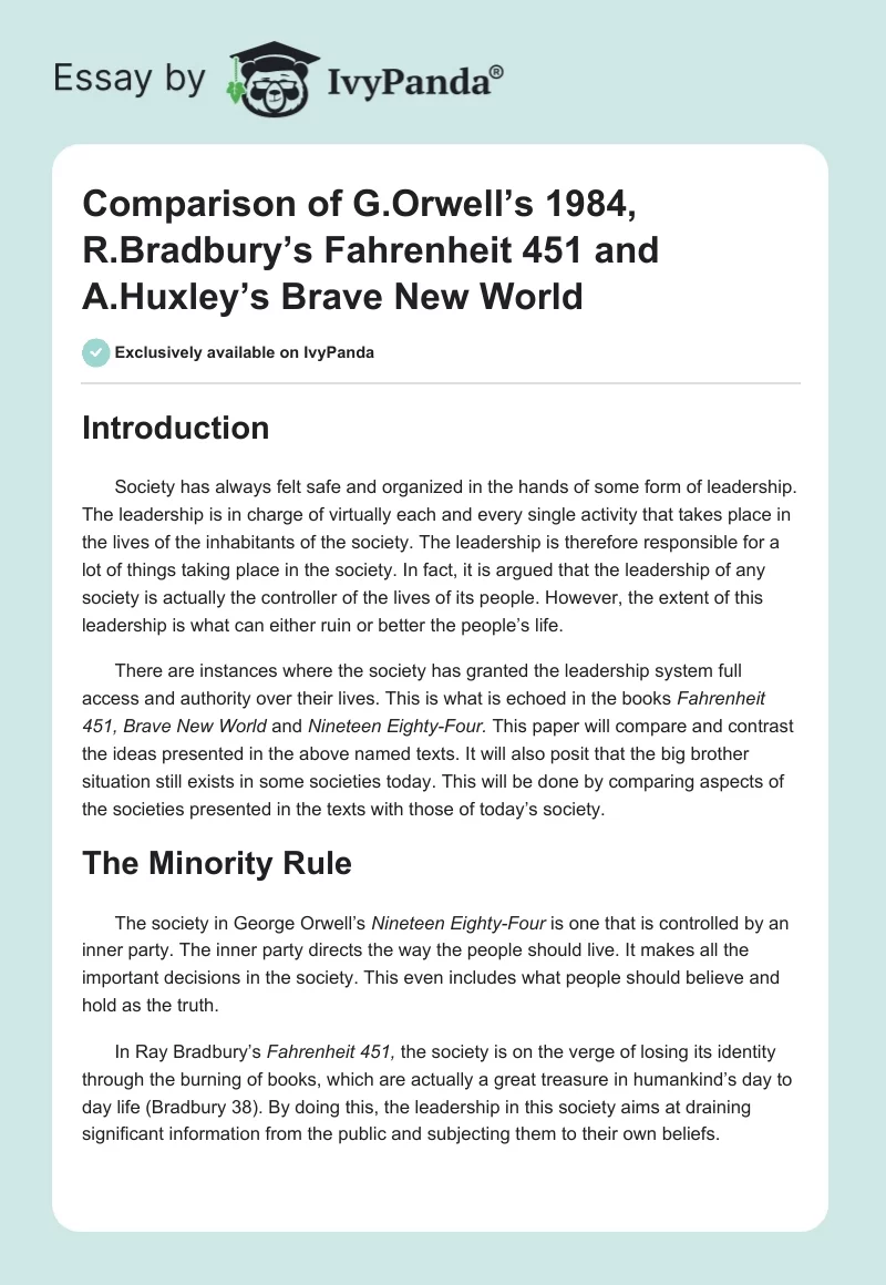 Comparison of G. Orwell’s "1984", R. Bradbury’s "Fahrenheit 451" and A. Huxley’s "Brave New World". Page 1