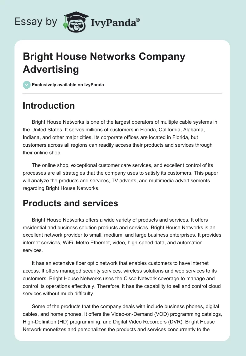 Bright House Networks Company Advertising. Page 1