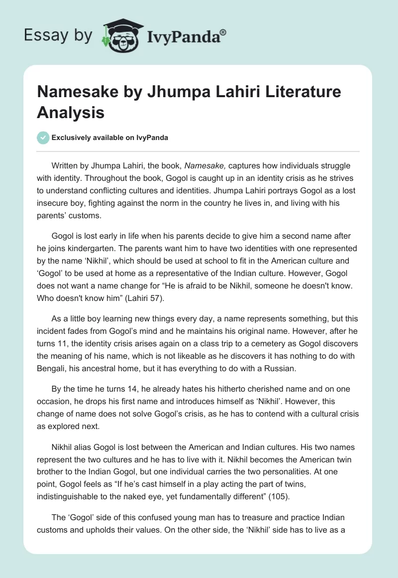 Namesake by Jhumpa Lahiri Literature Analysis. Page 1