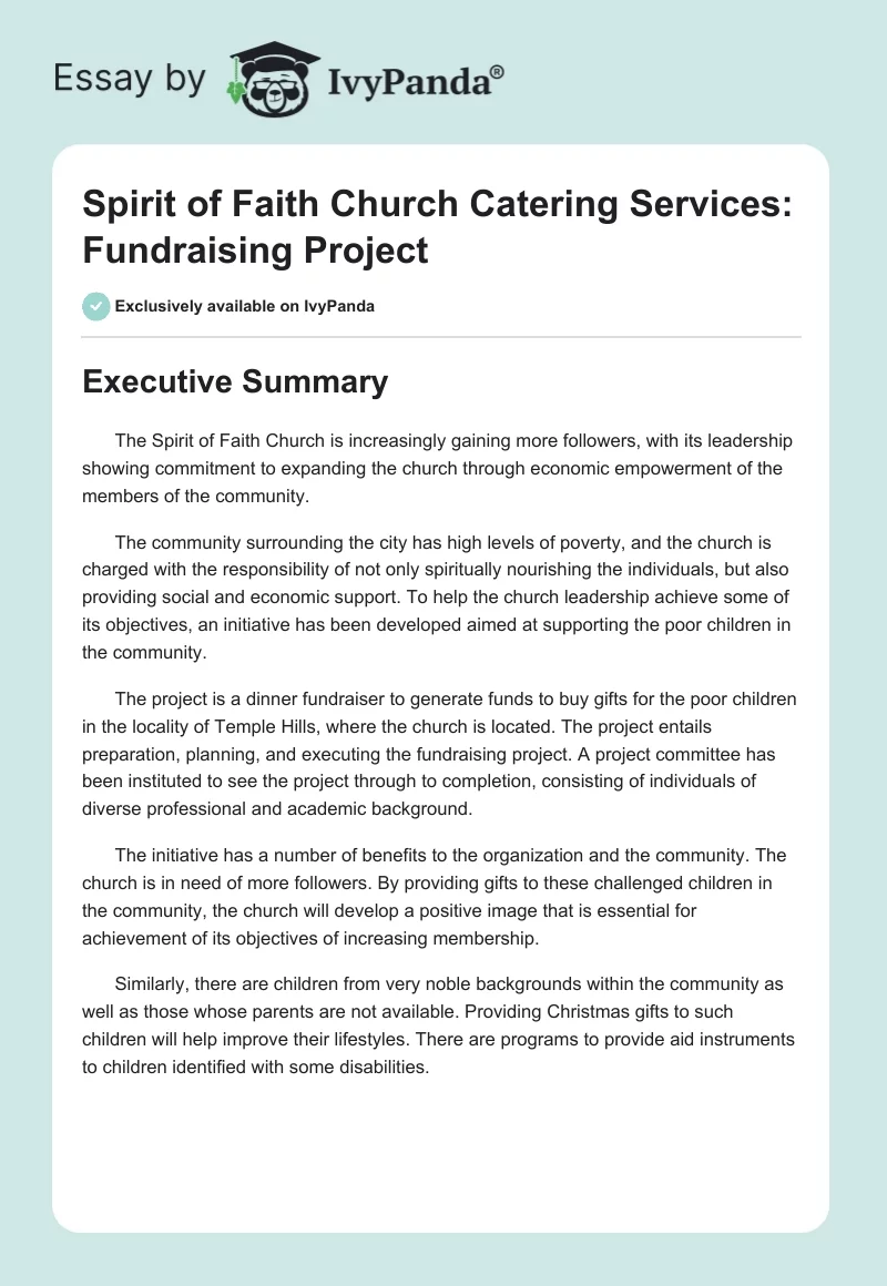 Spirit of Faith Church Catering Services: Fundraising Project. Page 1