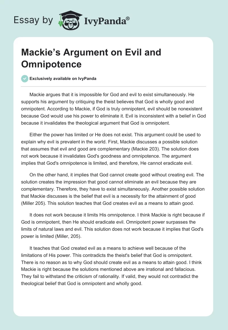 Mackie’s Argument on Evil and Omnipotence. Page 1