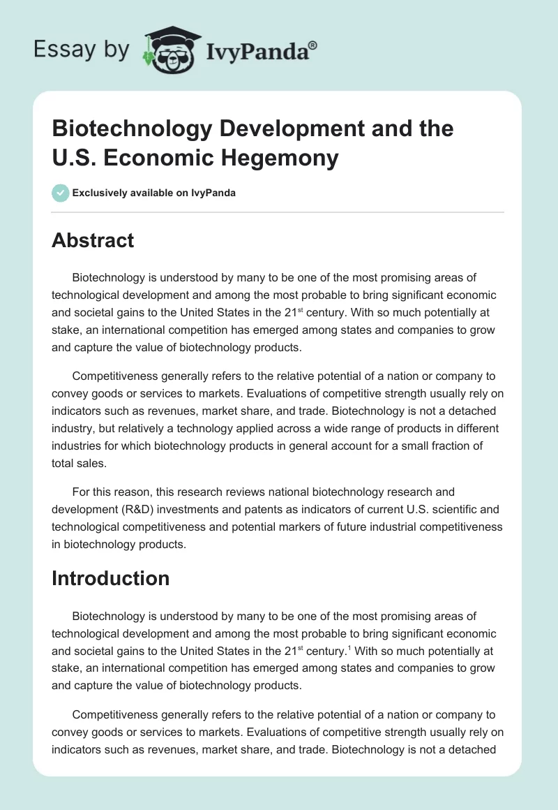 Biotechnology Development and the U.S. Economic Hegemony. Page 1