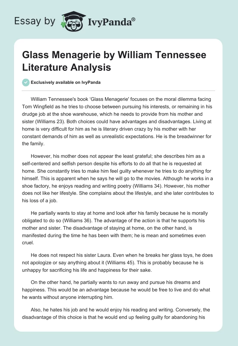 Glass Menagerie by William Tennessee Literature Analysis. Page 1