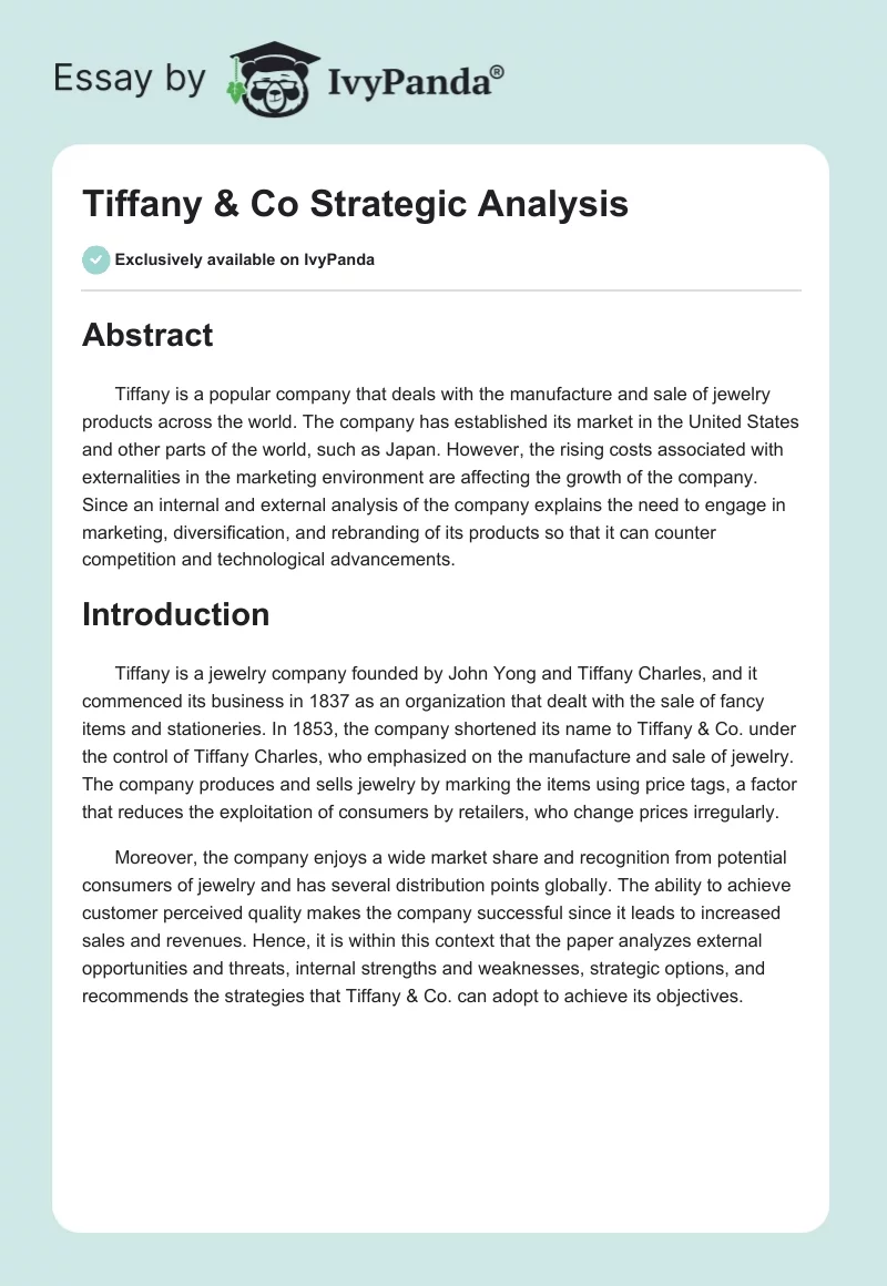 Tiffany & Co Strategic Analysis - 2846 Words | Case Study Example