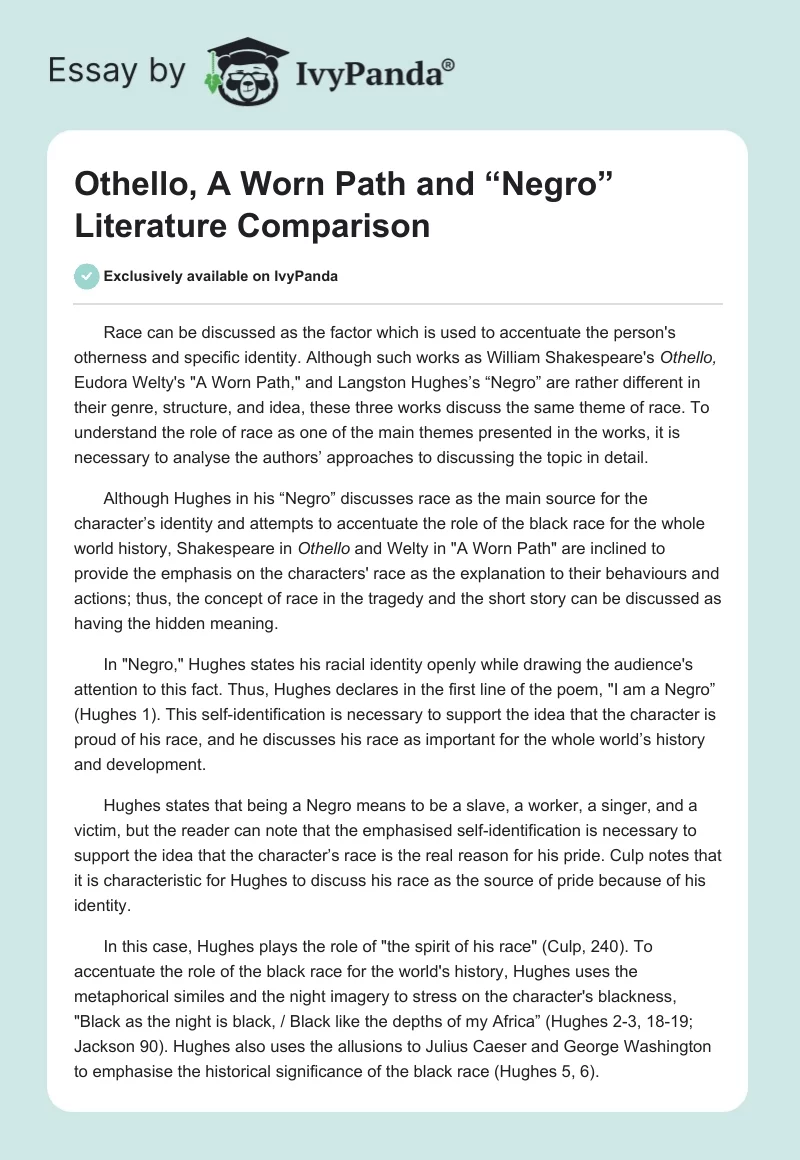 "Othello", "A Worn Path" and “Negro” Literature Comparison. Page 1