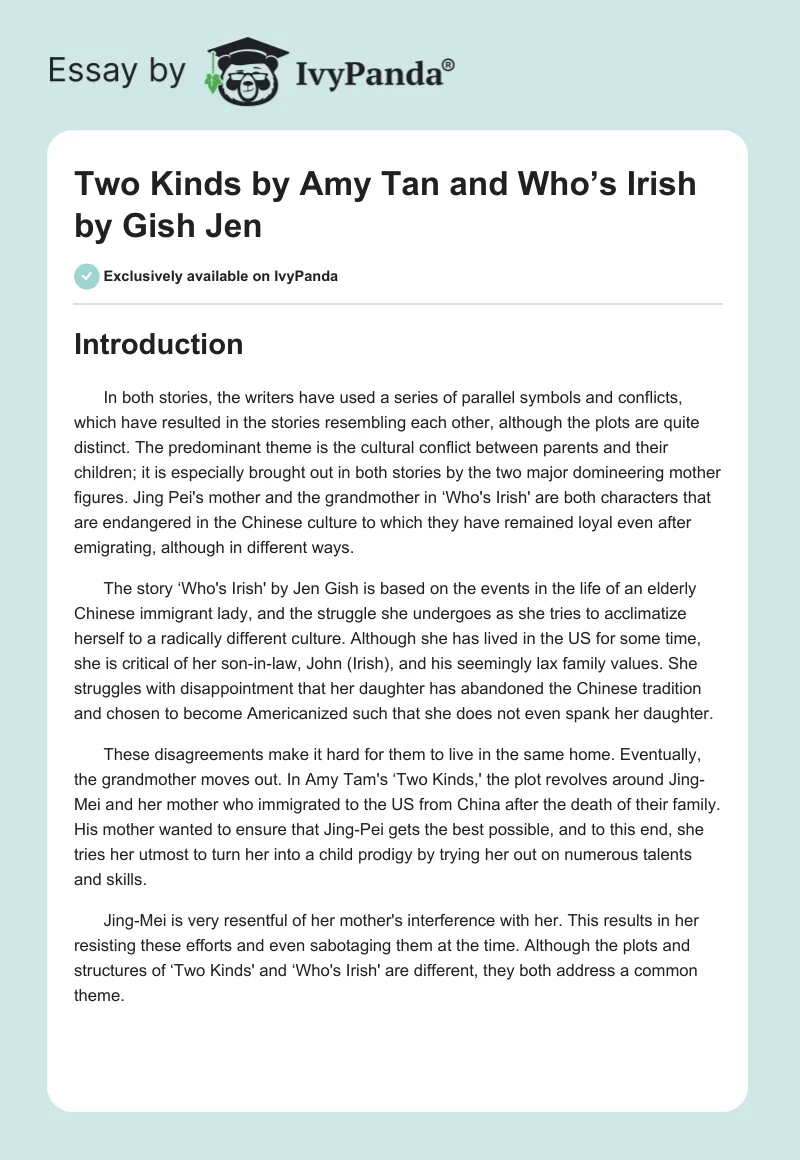 Two Kinds by Amy Tan and Who’s Irish by Gish Jen. Page 1