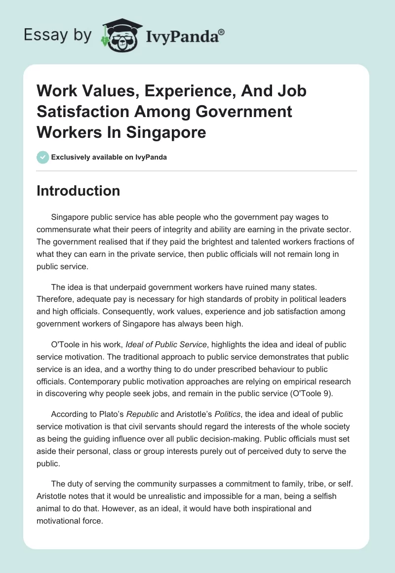 Work Values, Experience, And Job Satisfaction Among Government Workers In Singapore. Page 1