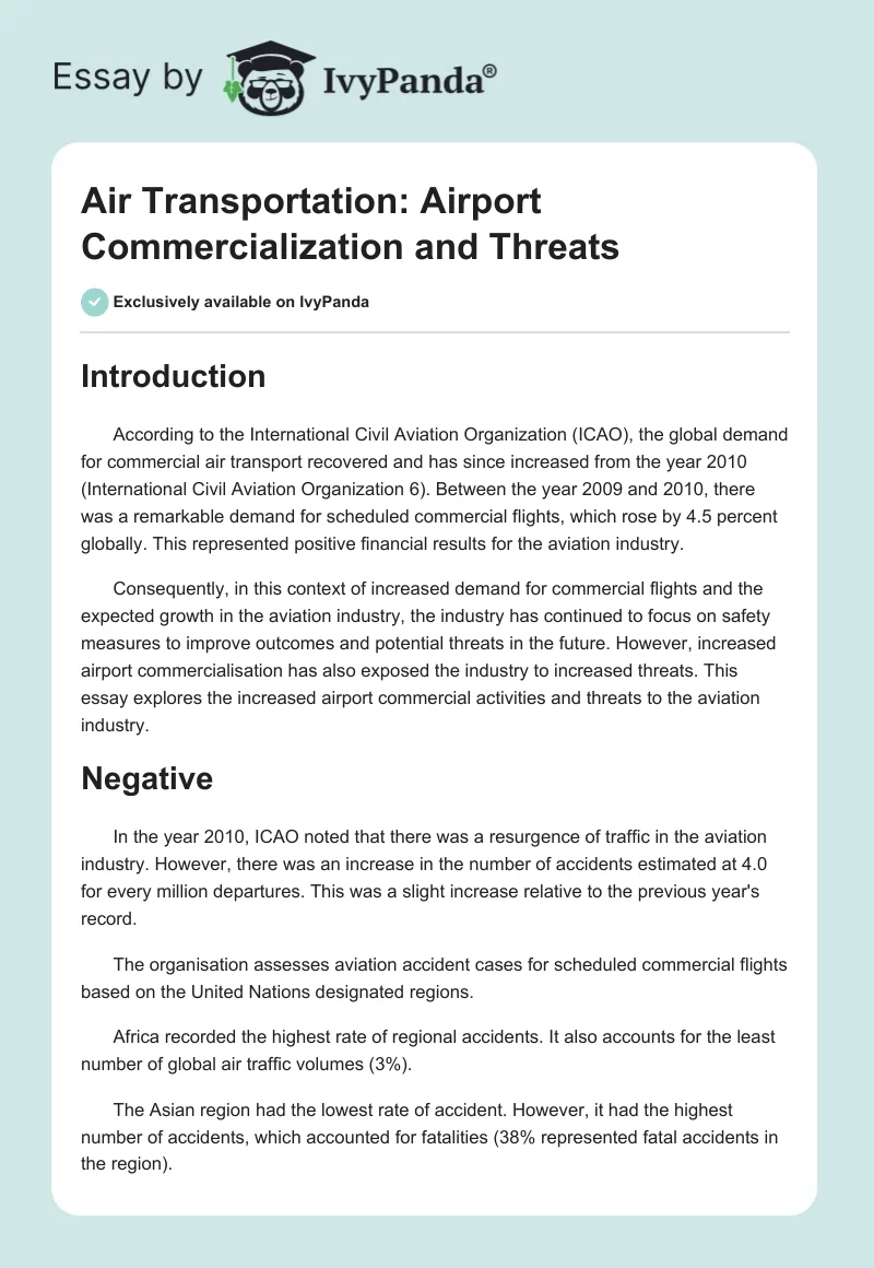 Air Transportation: Airport Commercialization and Threats. Page 1