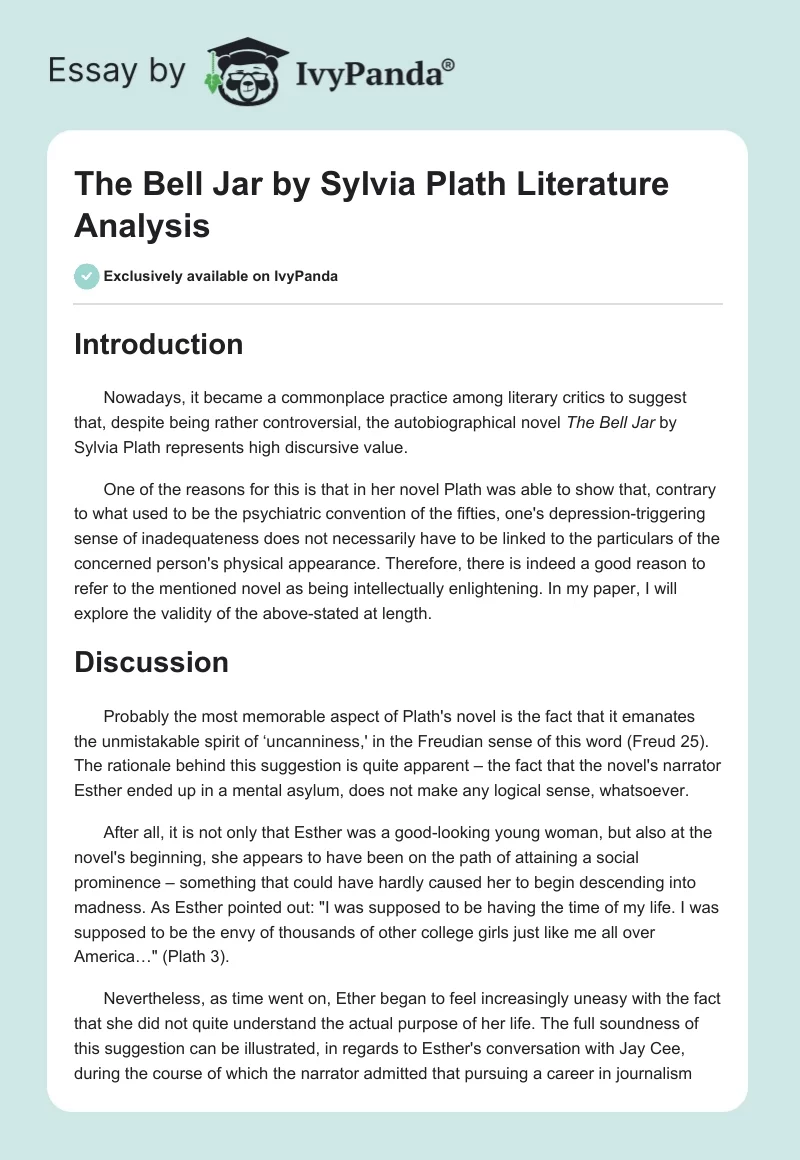 The Bell Jar by Sylvia Plath Literature Analysis. Page 1