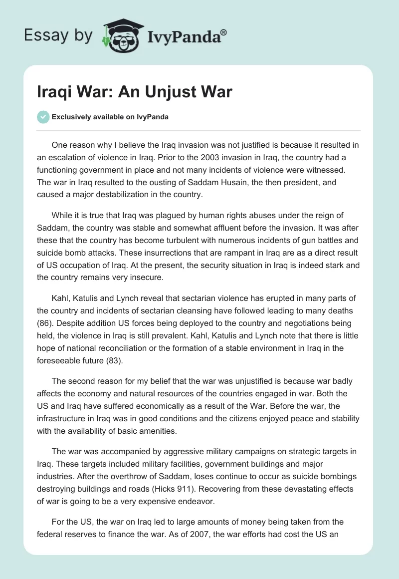 Iraqi War: An Unjust War. Page 1