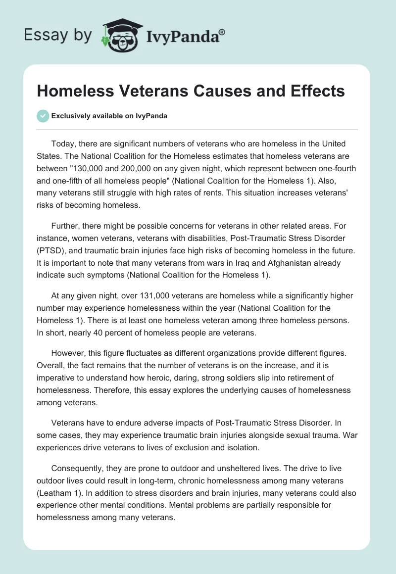Homeless Veterans Causes and Effects. Page 1