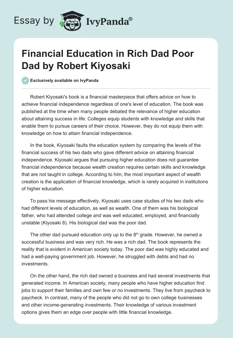 Financial Education in Rich Dad Poor Dad by Robert Kiyosaki. Page 1