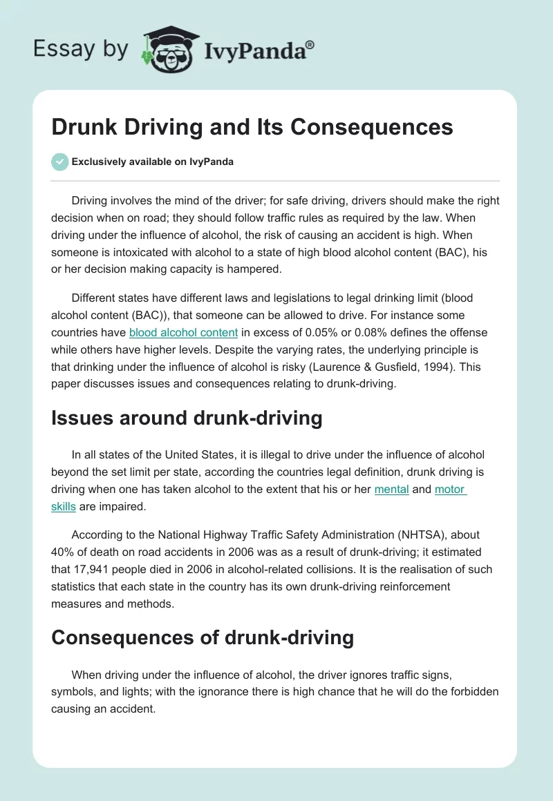 Drunk Driving and Its Consequences. Page 1
