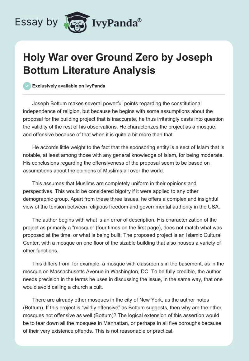 Holy War over Ground Zero by Joseph Bottum Literature Analysis. Page 1