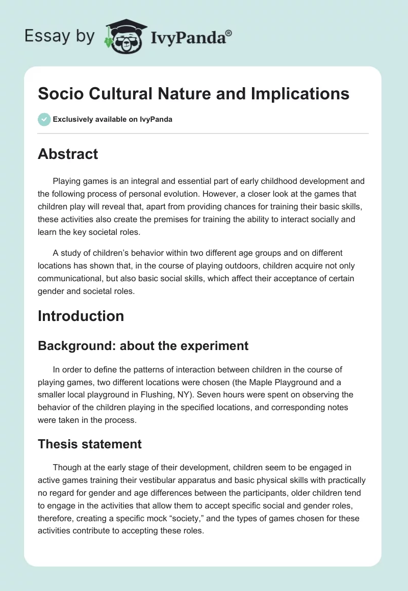 Socio Cultural Nature and Implications. Page 1