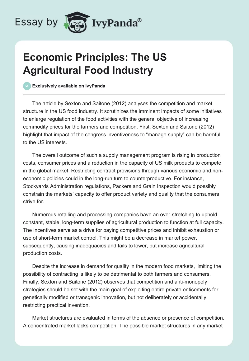 Economic Principles: The US Agricultural Food Industry. Page 1