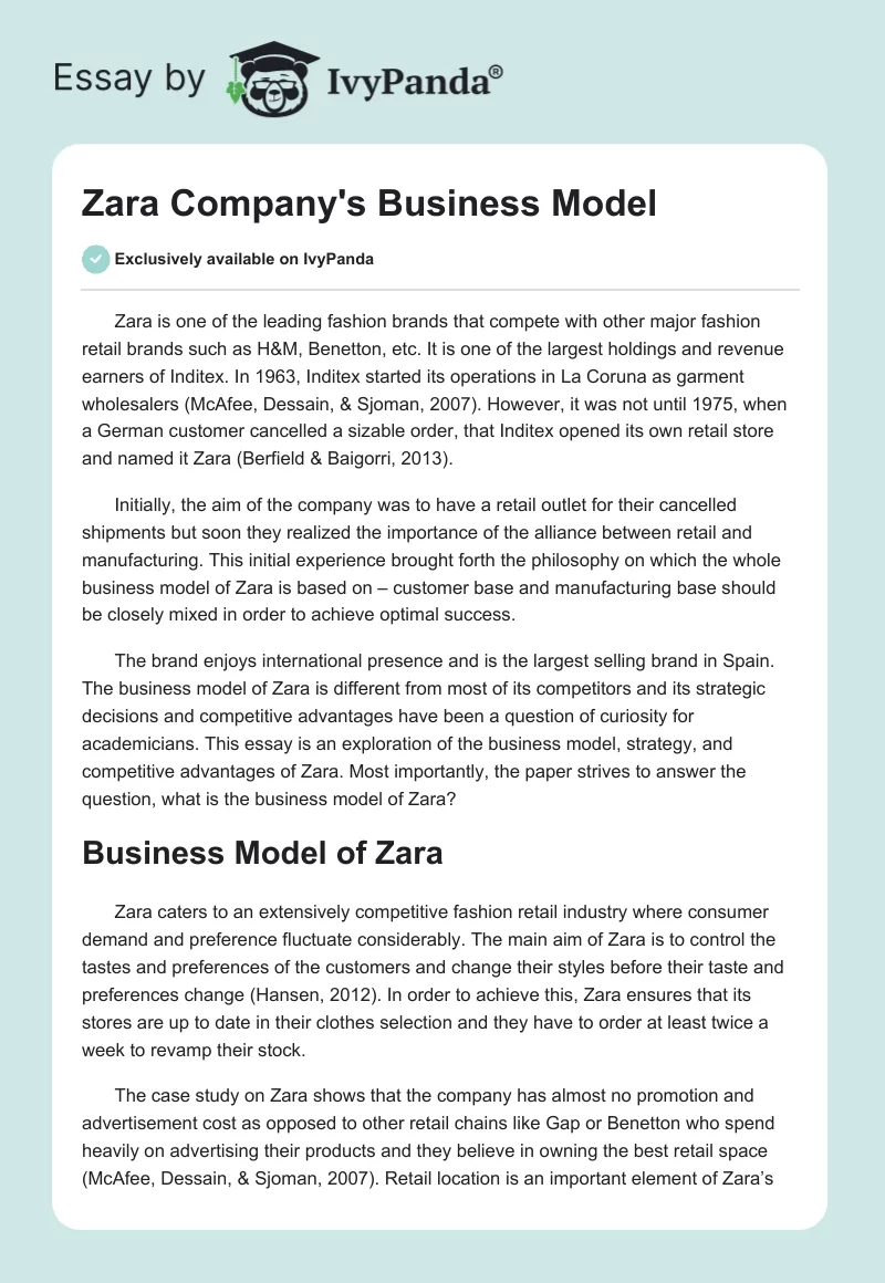 Zara Company's Business Model. Page 1