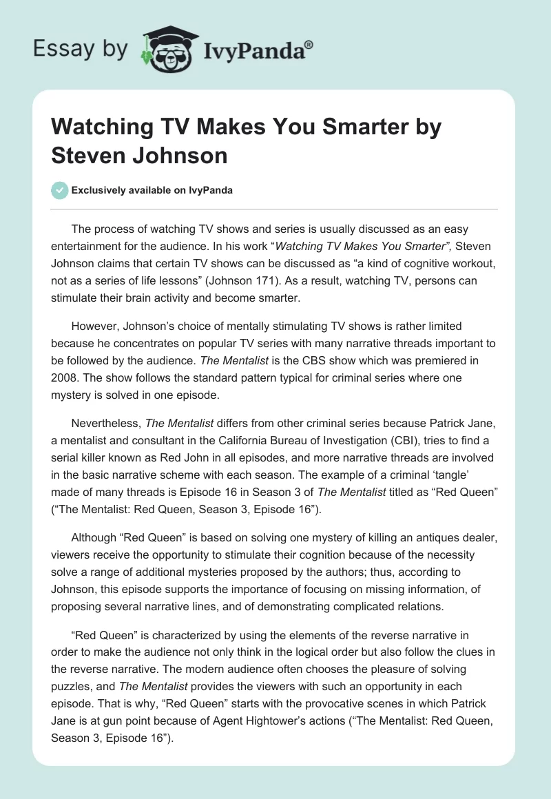 "Watching TV Makes You Smarter" by Steven Johnson. Page 1