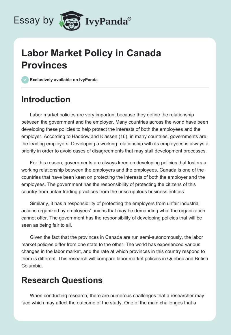 Labor Market Policy in Canada Provinces. Page 1