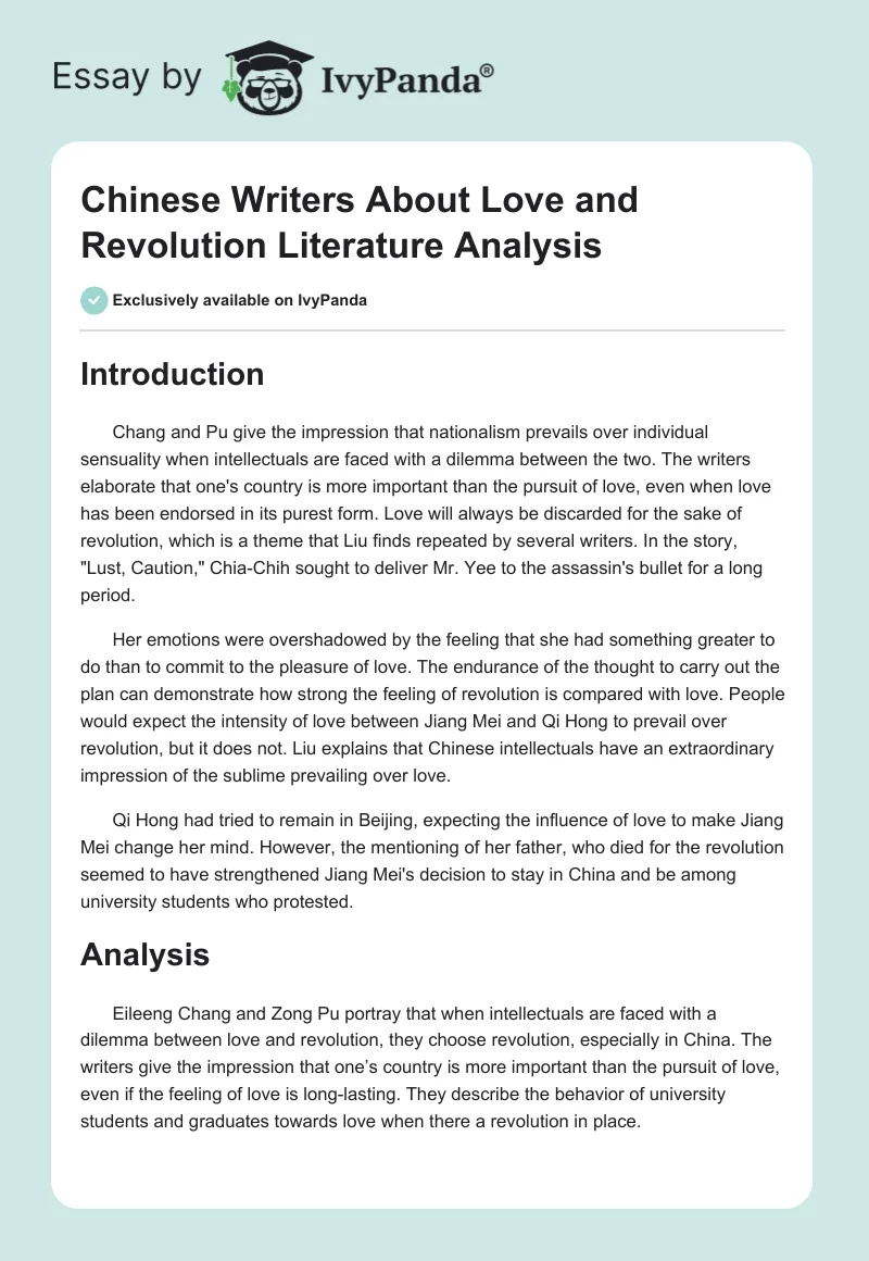 Chinese Writers About Love and Revolution Literature Analysis. Page 1