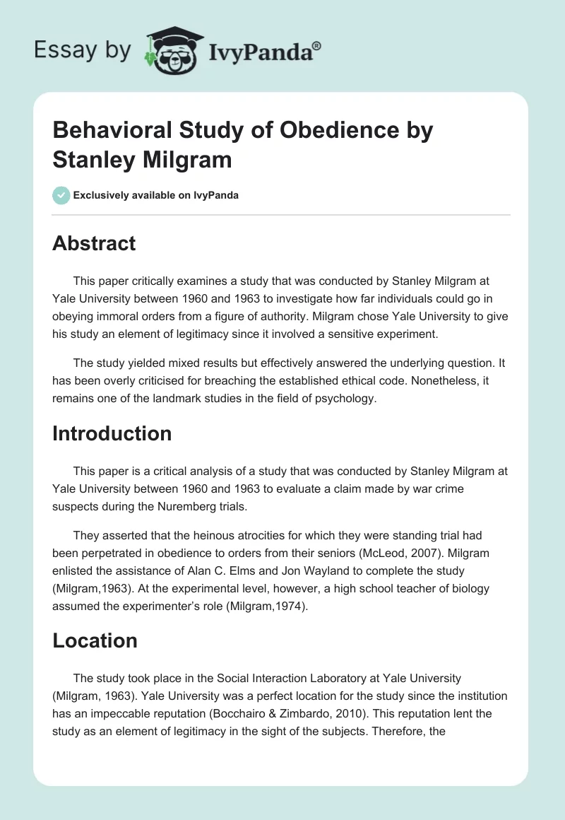Behavioral Study of Obedience by Stanley Milgram. Page 1