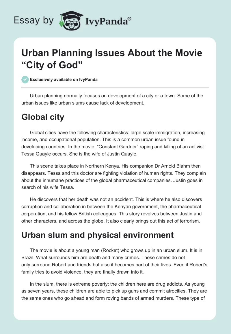 Urban Planning Issues About the Movie “City of God”. Page 1