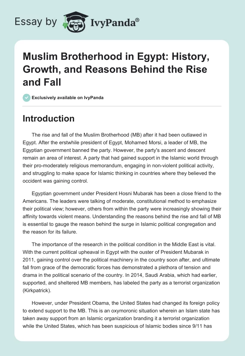 Muslim Brotherhood in Egypt: History, Growth, and Reasons Behind the Rise and Fall. Page 1