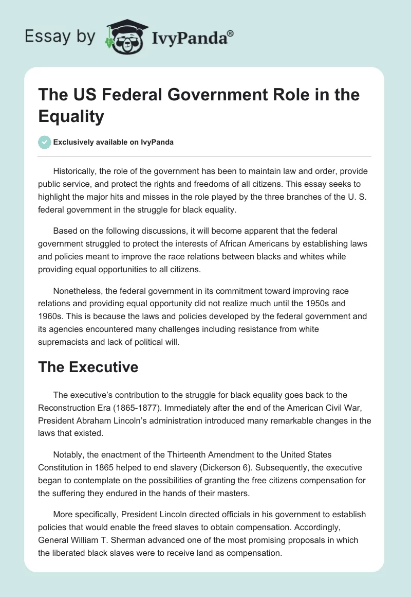 The US Federal Government Role in the Equality. Page 1