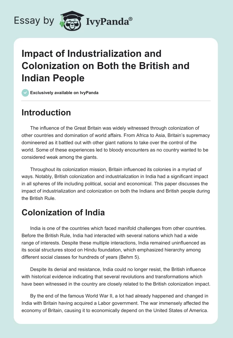 Impact of Industrialization and Colonization on Both the British and Indian People. Page 1