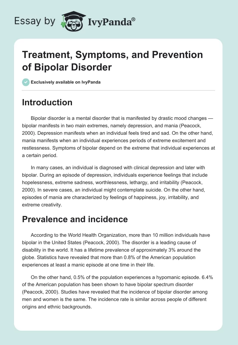 Treatment, Symptoms, and Prevention of Bipolar Disorder. Page 1