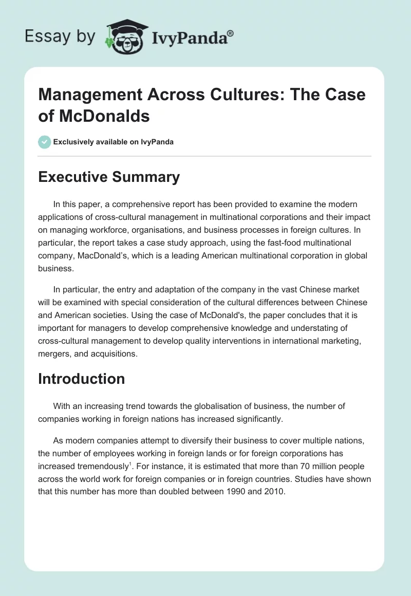 Management Across Cultures: The Case of McDonalds. Page 1