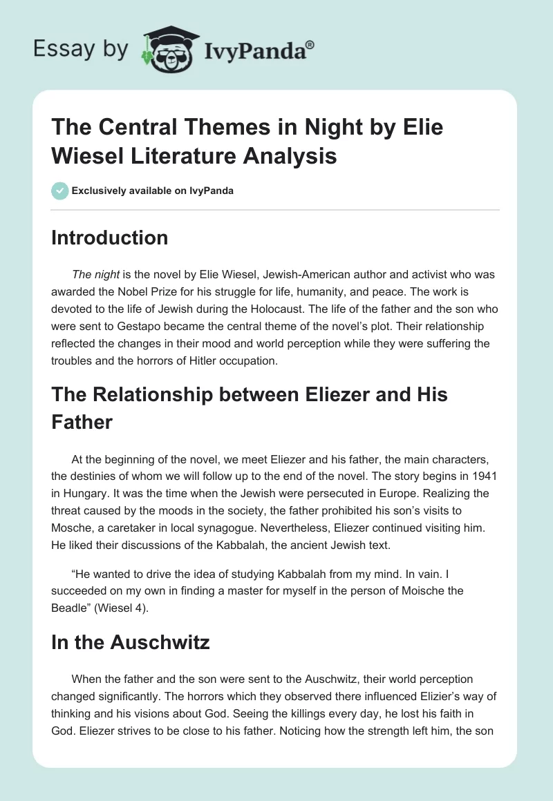 The Central Themes in "Night" by Elie Wiesel Literature Analysis. Page 1