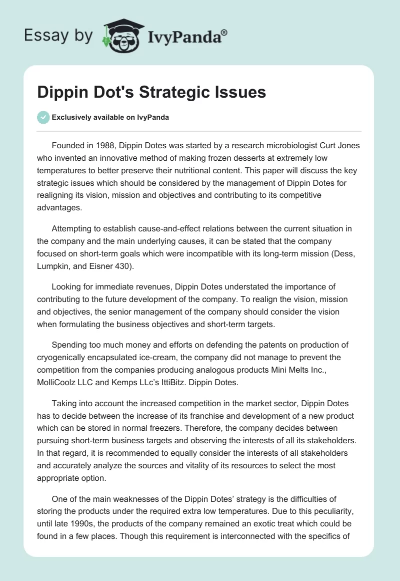 Dippin Dot's Strategic Issues. Page 1