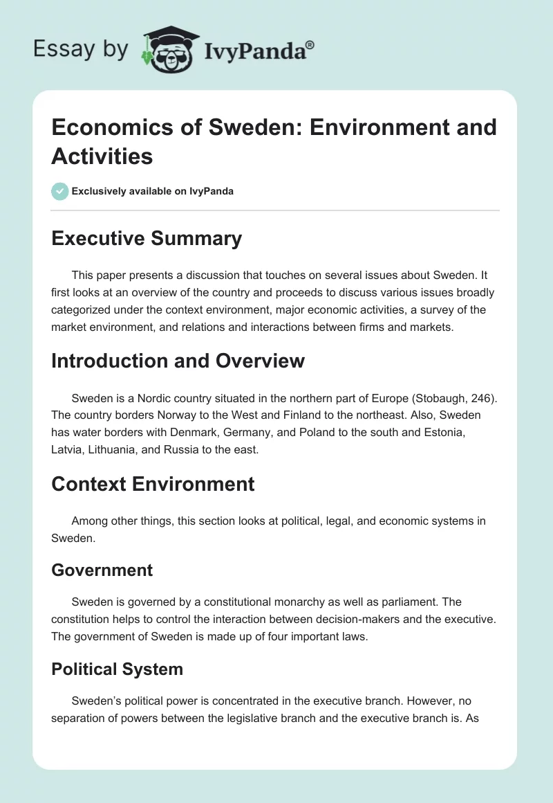 Economics of Sweden: Environment and Activities. Page 1