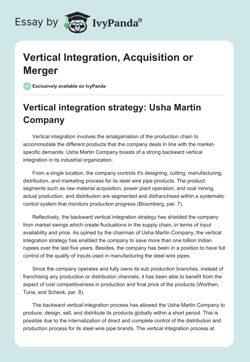 Vertical Integration, Acquisition or Merger. Page 1