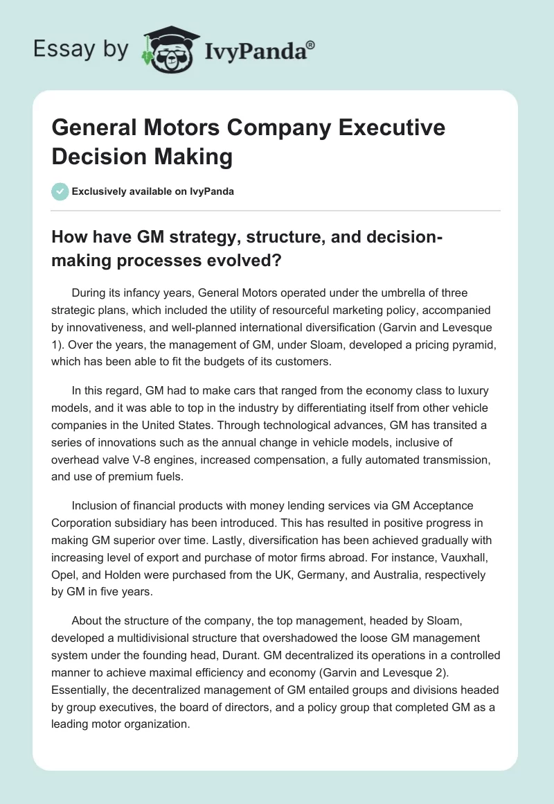 General Motors Company Executive Decision Making. Page 1
