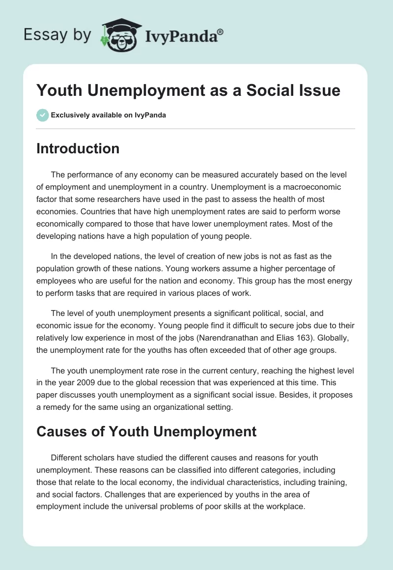 Youth Unemployment as a Social Issue. Page 1