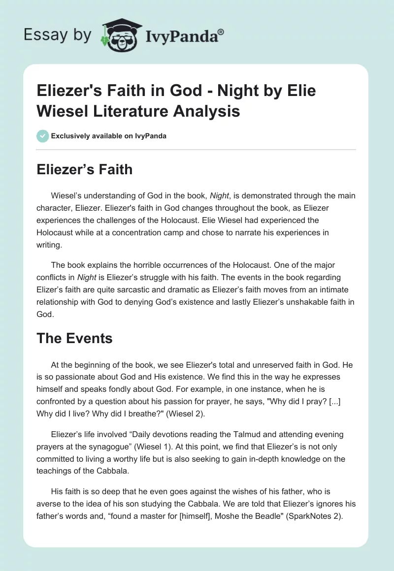 Eliezer's Faith in God - "Night" by Elie Wiesel Literature Analysis. Page 1