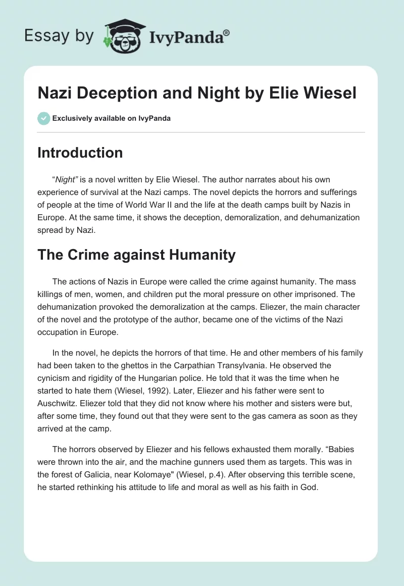 Nazi Deception and "Night" by Elie Wiesel. Page 1