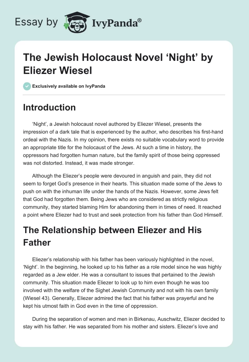 The Jewish Holocaust Novel ‘Night’ by Eliezer Wiesel. Page 1
