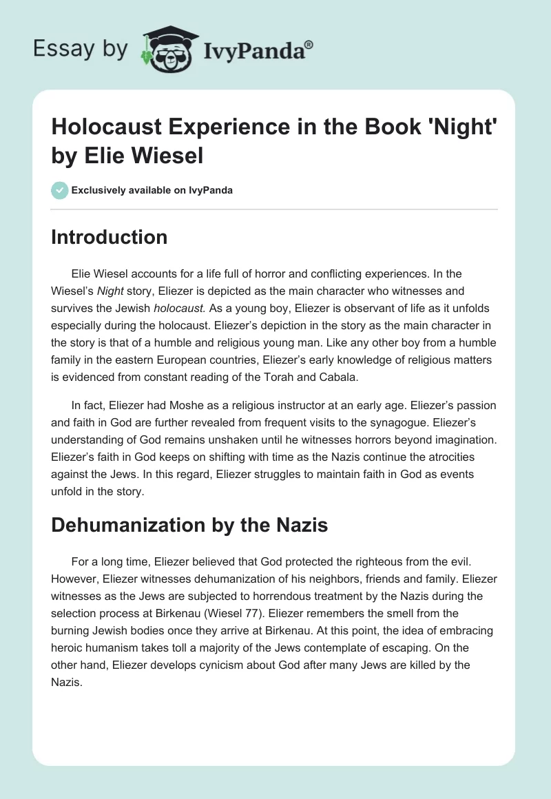 Holocaust Experience in the Book 'Night' by Elie Wiesel. Page 1