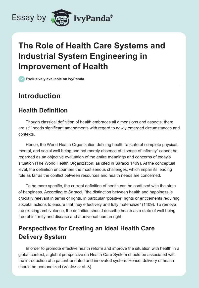 The Role of Health Care Systems and Industrial System Engineering in Improvement of Health. Page 1